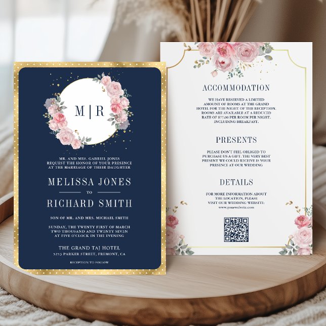 Invitation Blush rose Floral Marine bleu tout en un Mariage (Créateur téléchargé)