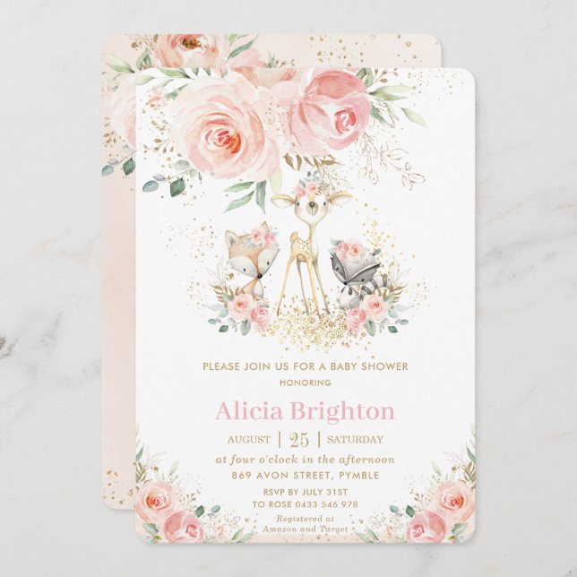 Invitation Blush rose Floral mignon Baby shower Fille Bois (Devant / Derrière)