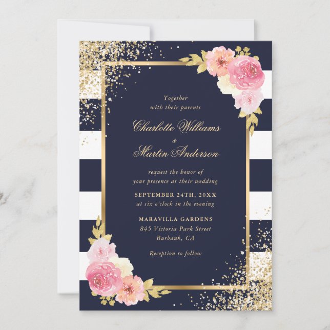 Invitation Blush rose Floral Navy bleu Blanc or Mariage (Devant)