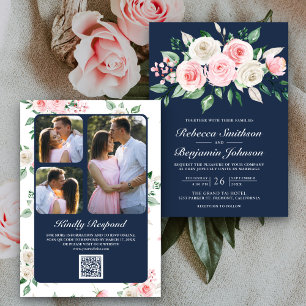 Invitation Blush rose Floral Navy bleu QR Code Mariage