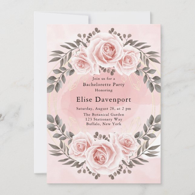 Invitation Blush rose Floral or cristal Bachelorette Party (Devant)