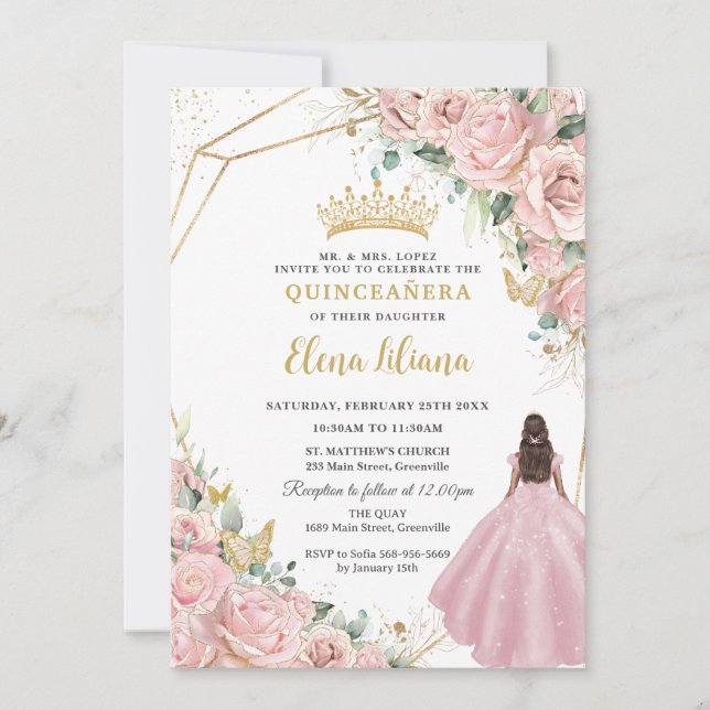 Invitation Blush Rose Floral Princess Gold Quinceanera 15 XV (Devant)