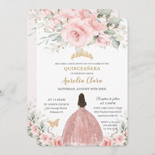 Invitation Blush rose Floral Princesse Rose Gold Quinceañera  (Devant / Derrière)