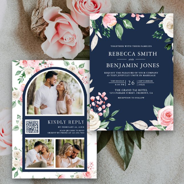 Invitation Blush rose Floral QR Code Marine Mariage bleu (Créateur téléchargé)