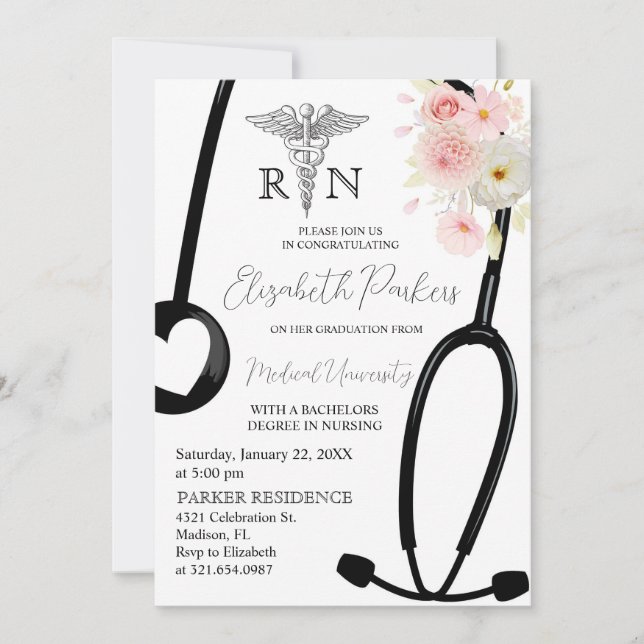 Invitation Blush Rose Floral RN Soins infirmiers fête de grad (Devant)