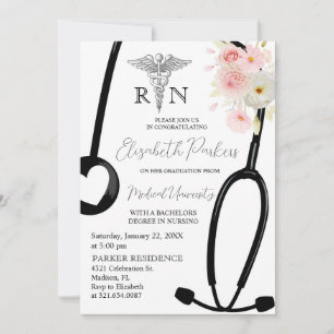Invitation Blush Rose Floral RN Soins infirmiers fête de grad