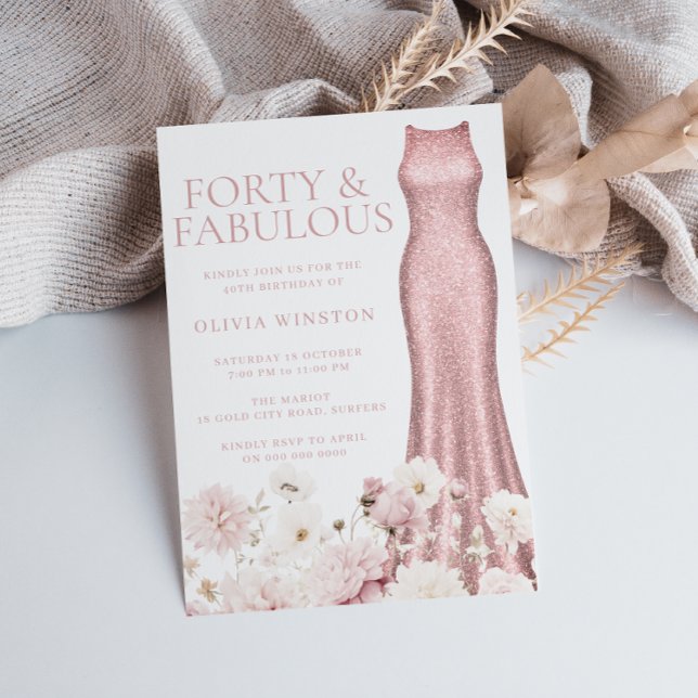 Invitation Blush rose Floral & Robe 40e fête d'anniversaire (Créateur téléchargé)
