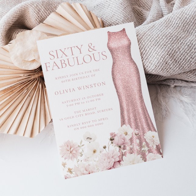 Invitation Blush rose Floral & Robe 60e fête d'anniversaire (Créateur téléchargé)