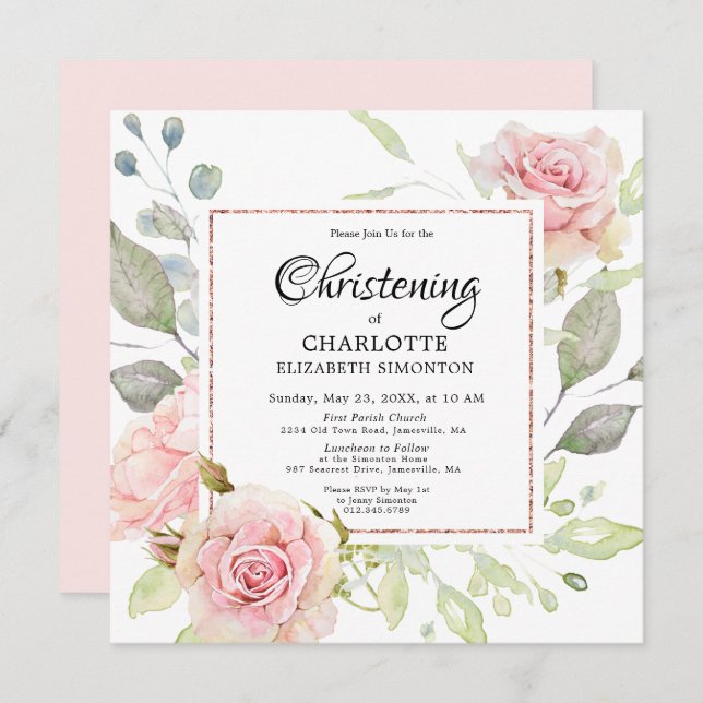 Invitation Blush rose Floral Rose Gold Carré Christening (Devant / Derrière)