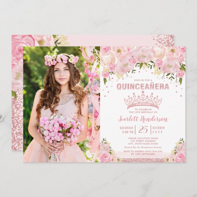 Invitation Blush rose Floral Rose Or Quinceañera Anniversaire (Devant / Derrière)