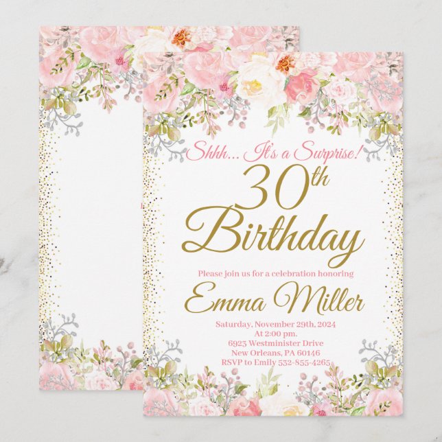 Invitation Blush rose Floral Surprise 30e anniversaire (Devant / Derrière)