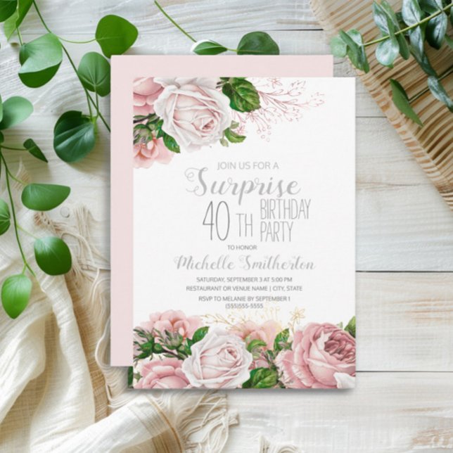 Invitation Blush rose Floral Surprise 40e anniversaire (Elegant pink vintage floral surprise 40th birthday party invitation)