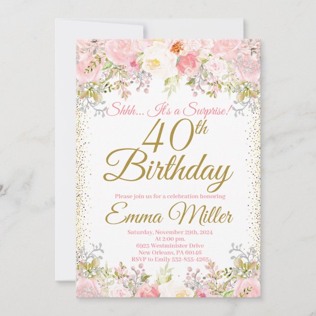 Invitation Blush rose Floral Surprise 40e anniversaire (Devant)