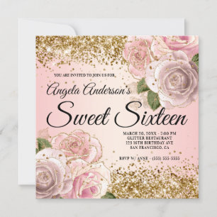 Invitation Blush Rose Floral Sweet Sixteen Pailleté Or