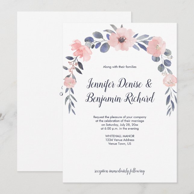 Invitation Blush Rose Floral Tombe Mariage | (Devant / Derrière)