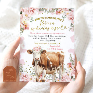 Invitation Blush rose Floral Vache ferme Baby shower fille