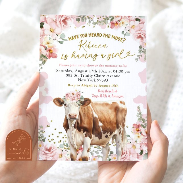 Invitation Blush rose Floral Vache ferme Baby shower fille (Créateur téléchargé)