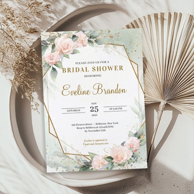 Invitation Blush rose Floral Verdure Or cadre nuptiale (Blush Pink Floral Greenery Gold Frame Bridal Invitation)