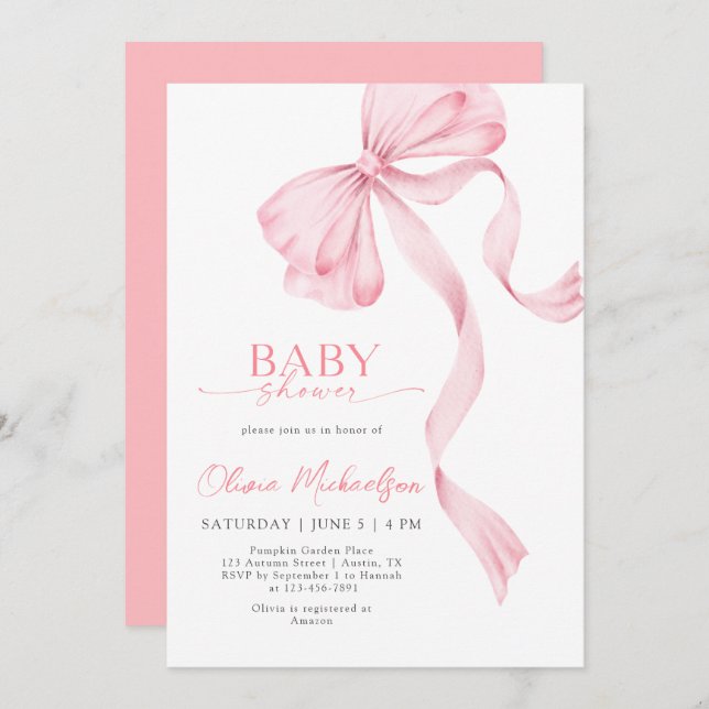 Invitation Blush Rose Girl Ribbon Bow Coquette Baby shower (Devant / Derrière)