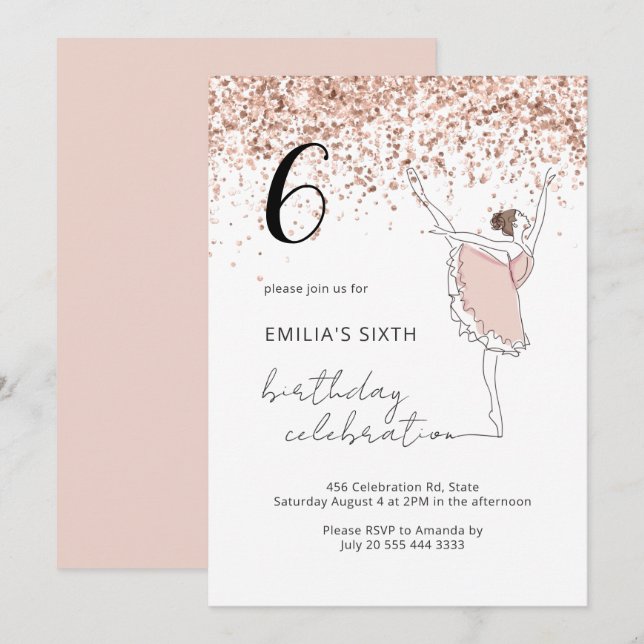 Invitation Blush Rose Gold Ballerina Ballet Dancer Anniversai (Devant / Derrière)