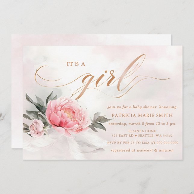 Invitation Blush Rose Gold C'est une fille Baby shower floral (Devant / Derrière)
