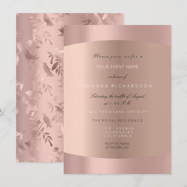 Invitation Blush Rose Gold Élégant Fleur d'oiseau Formal (Devant / Derrière)