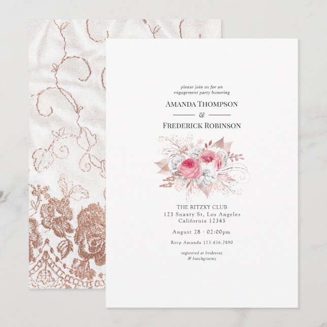 Invitation Blush & Rose Gold Floral et Lace Engagement Party (Devant / Derrière)