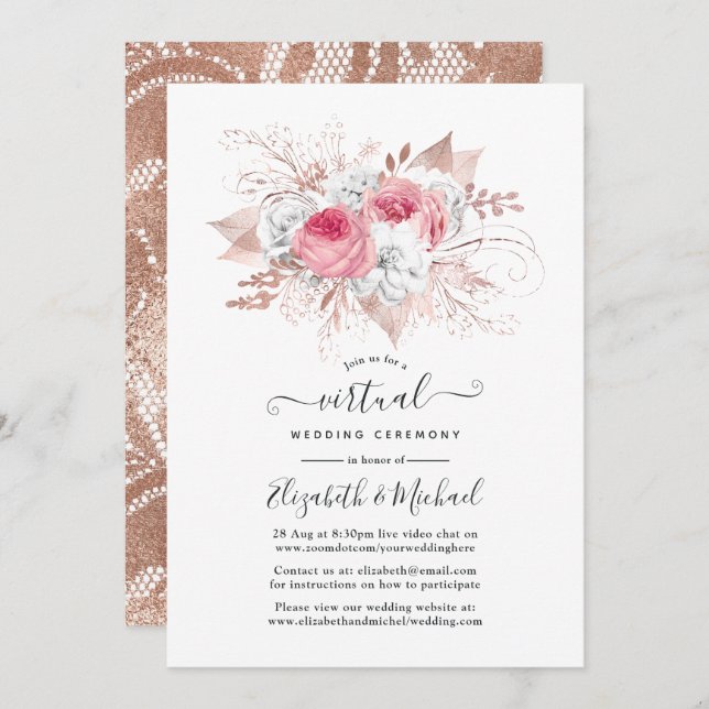 Invitation Blush & Rose Gold Floral et Mariage virtuel de den (Devant / Derrière)