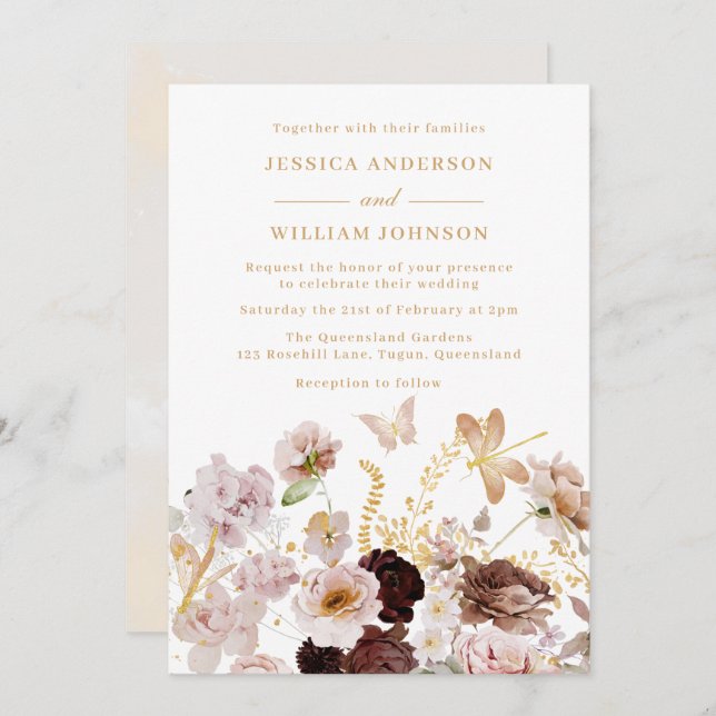 Invitation Blush & Rose Gold Floral Peony Papillons Mariage (Devant / Derrière)
