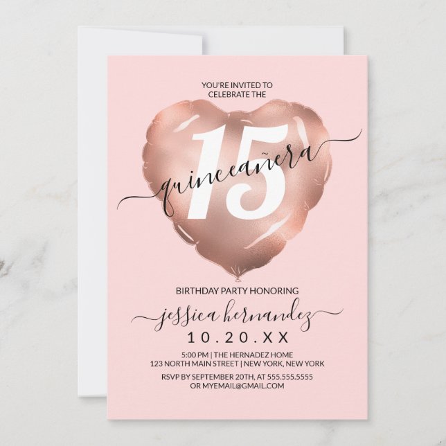 Invitation Blush Rose Gold Foil Coeur Balloon Quinceañera (Devant)