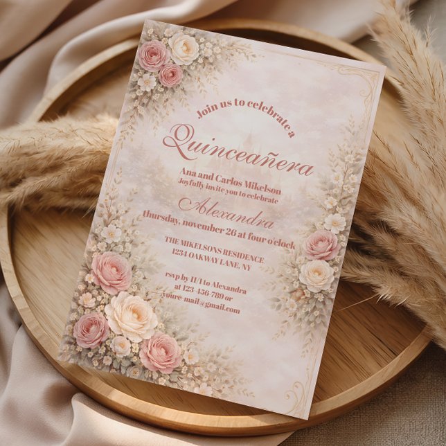 Invitation Blush Rose Gold Garden Quinceañera (Créateur téléchargé)