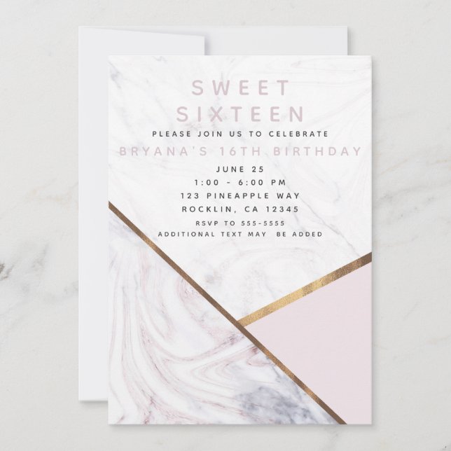 Invitation Blush Rose Gold Marble Tourbillon 16 ans doux (Devant)