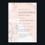 Invitation Blush Rose Gold Splatter Brushstroke Quinceañera<br><div class="desc">Cette invitation artistique et moderne à la fête d'anniversaire de quinceañera est parfaite pour la jeune fille contemporaine. Il présente une plaque de peinture métallique en or rose imbriquée sur un arrière - plan de brosse rose et blanc rousse avec typographie rose en or complémentaire. C'est élégant, luxueux, élégant et...</div>