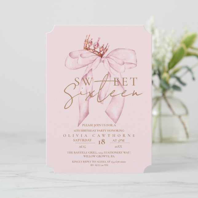 Invitation Blush Rose & Gold Sweet 16 Bow Anniversaire (Debout devant)