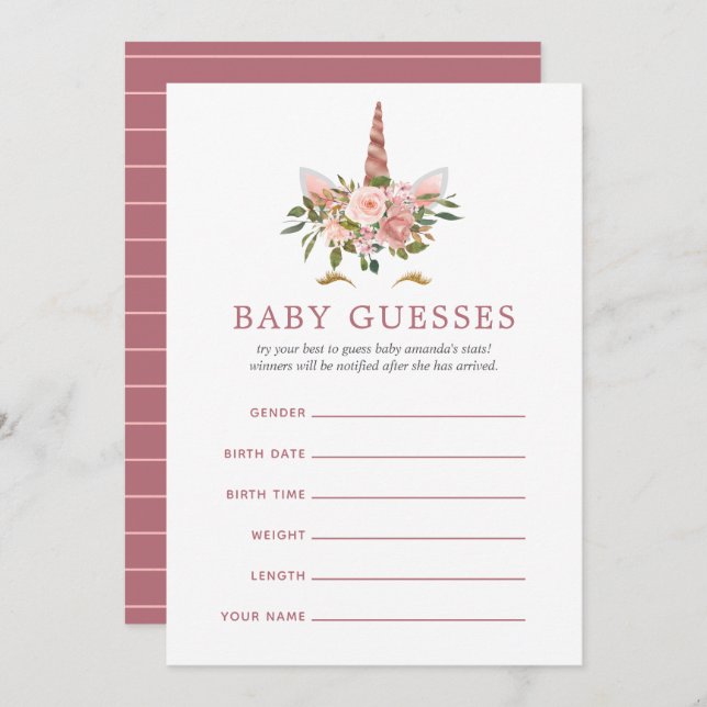 Invitation Blush & Rose Gold Unicorn Baby shower Baby Guesses (Devant / Derrière)