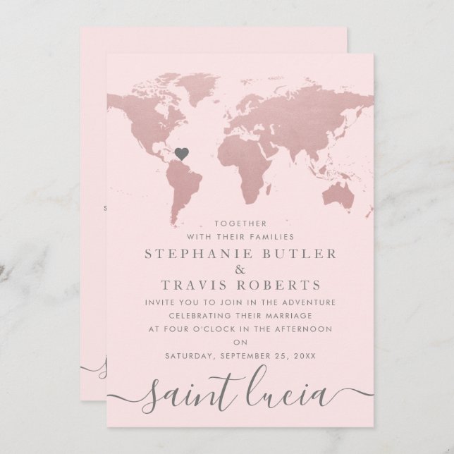 Invitation Blush Rose Gold World Map Mariage de thème de voya (Devant / Derrière)