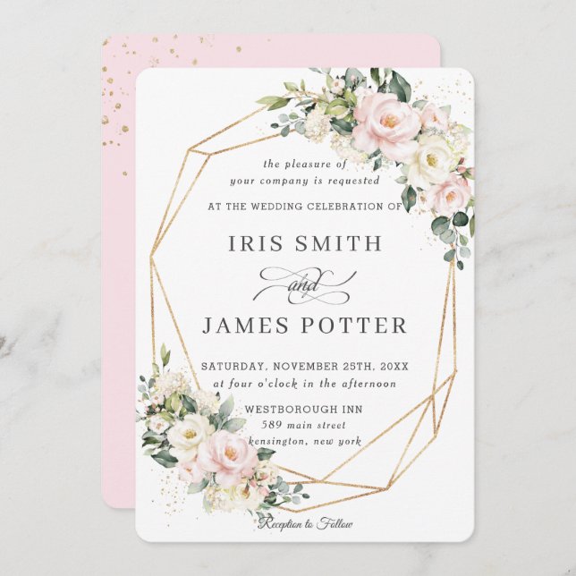 Invitation Blush rose ivoire Floral Mariage or géométrique (Devant / Derrière)