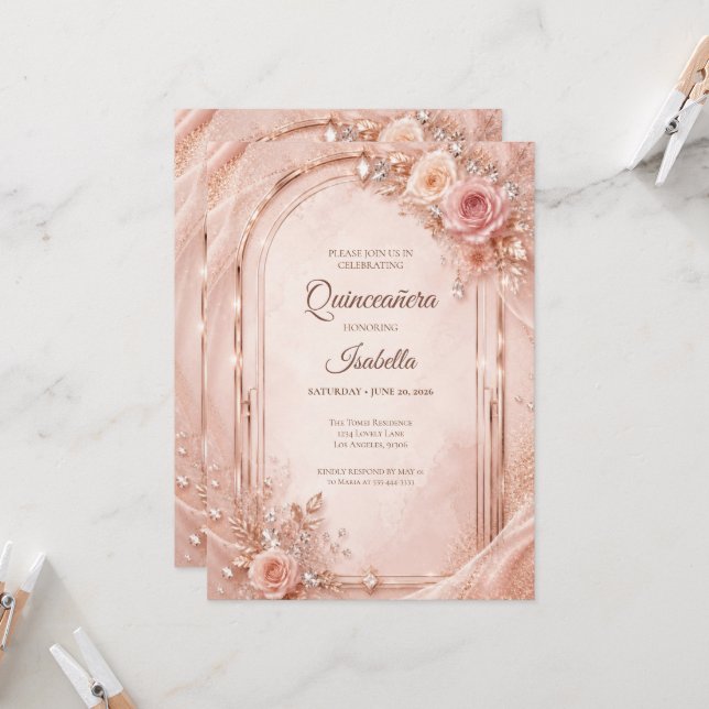 Invitation Blush Rose Luxe Or Quinceañera (Devant/Arrière en situation)