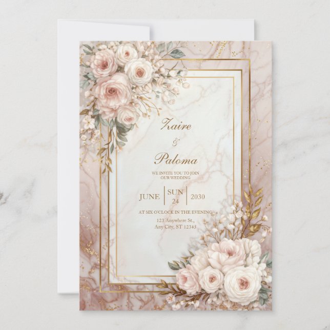 Invitation Blush Rose Marble Gilded Frame Wedding (Devant)