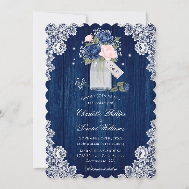 Invitation Blush Rose Marine Bleu Bois Mason Jar Mariage (Devant)