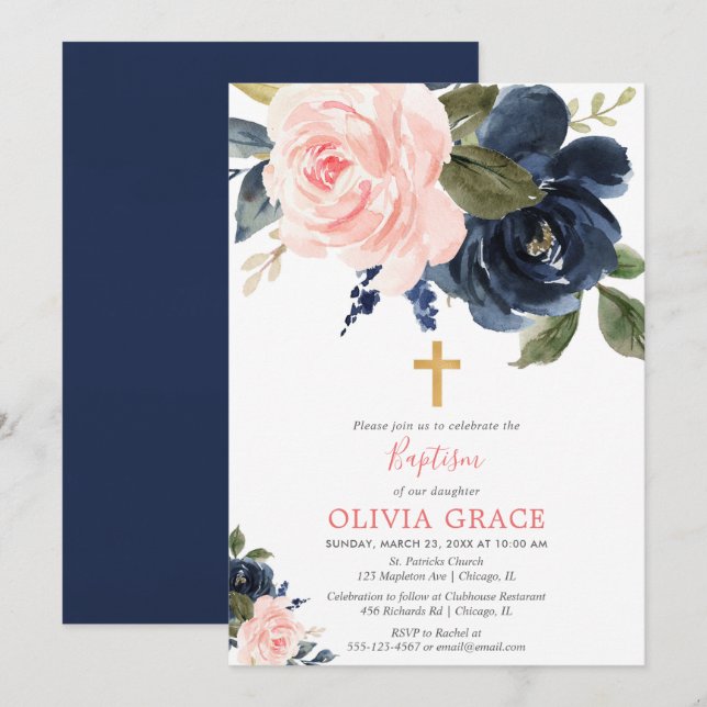 Invitation Blush rose marine bleu floral fille baptême (Devant / Derrière)