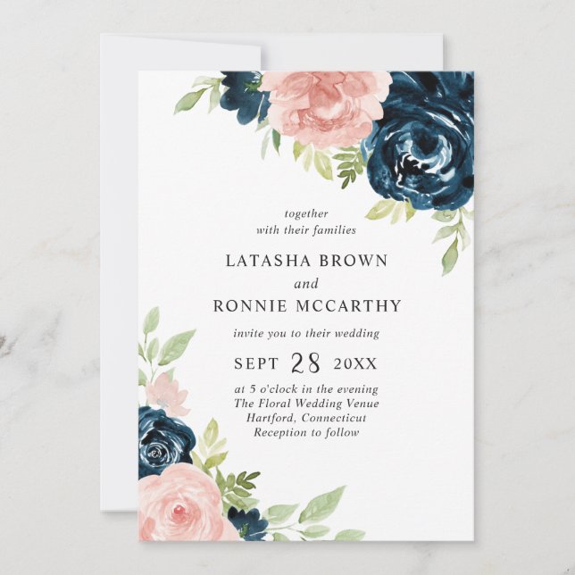 Invitation Blush Rose Marine Bleu Floral Tout en un Mariage (Devant)