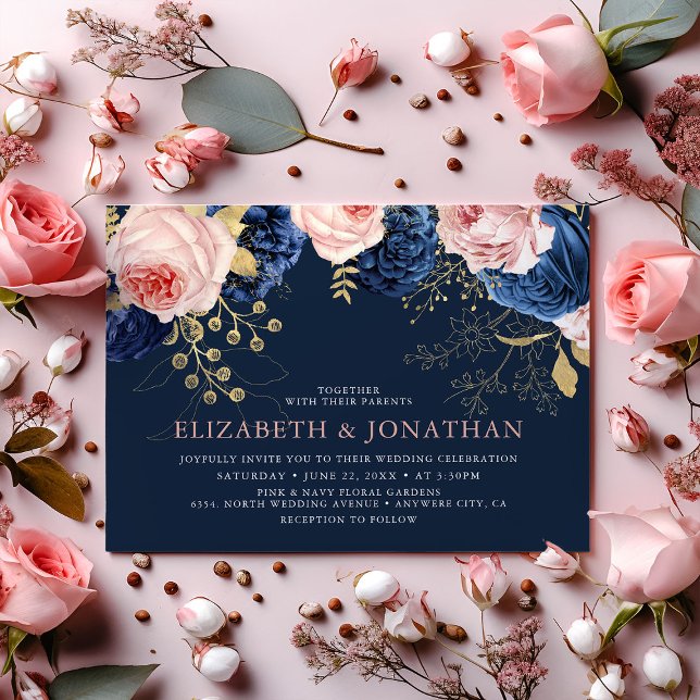 Invitation Blush Rose & Midnight Navy Florals Mariage élégant (Créateur téléchargé)
