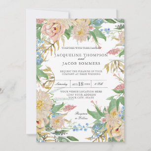 Invitation Blush Rose Mums Gold Folid Floral Watercolor Art