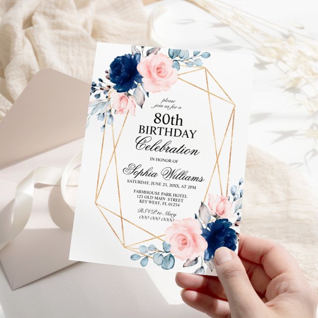Invitation Blush Rose & Navy Blue Floral 80 Anniversaire (Créateur téléchargé)