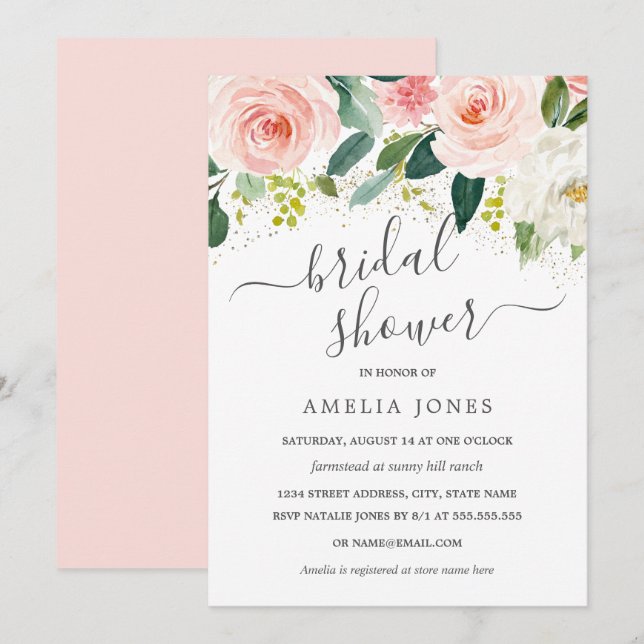 Invitation Blush Rose  Or Fleurs Aquarelle Enterrement de Vie (Devant / Derrière)