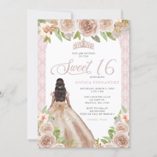 Invitation Blush Rose or Floral Princesse Tiara Sweet 16