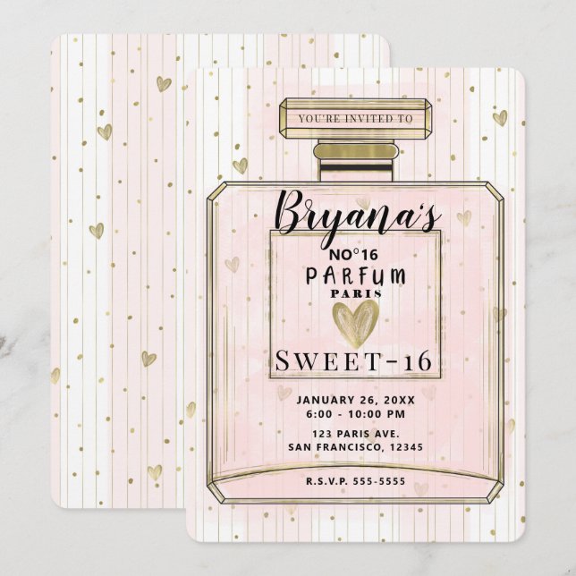Invitation Blush Rose & Or Paris Parfum Douce Anniversaire 16 (Devant / Derrière)