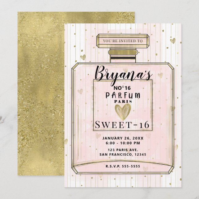 Invitation Blush Rose & Or Paris Parfum Douce Fête des 16 Ans (Devant / Derrière)