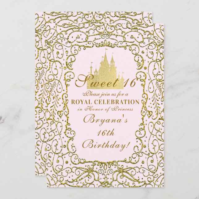 Invitation Blush Rose & Or Royal Castle Princess Sweet 16 (Devant / Derrière)